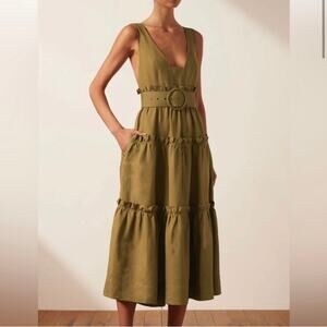 Shona Joy Rubi Tiered Midi Dress US 8 Olive Green Linen Blend Neutral Boho